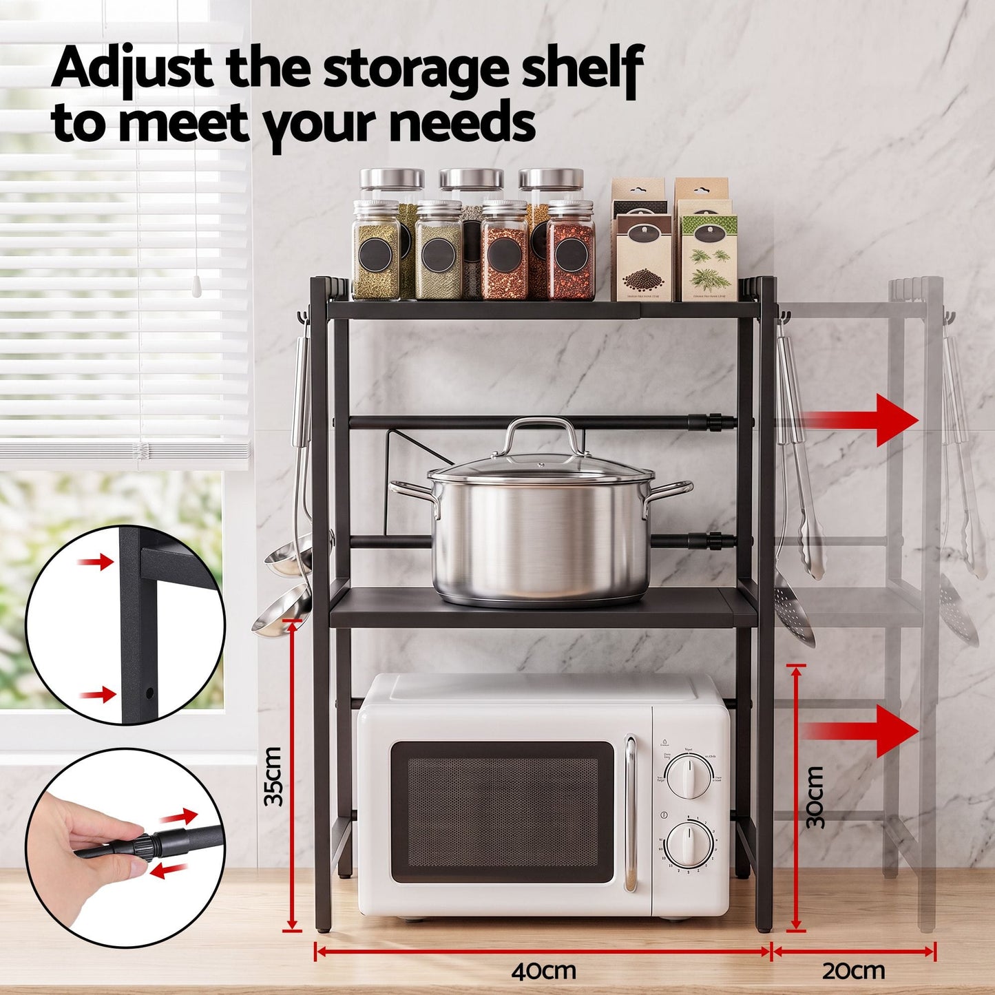 Alona.com.au Home & Garden > Kitchenware > Kitchen Utensils Artiss Kitchen Bakers Rack 40-60CMX78CM Metal Microwave Stand Black