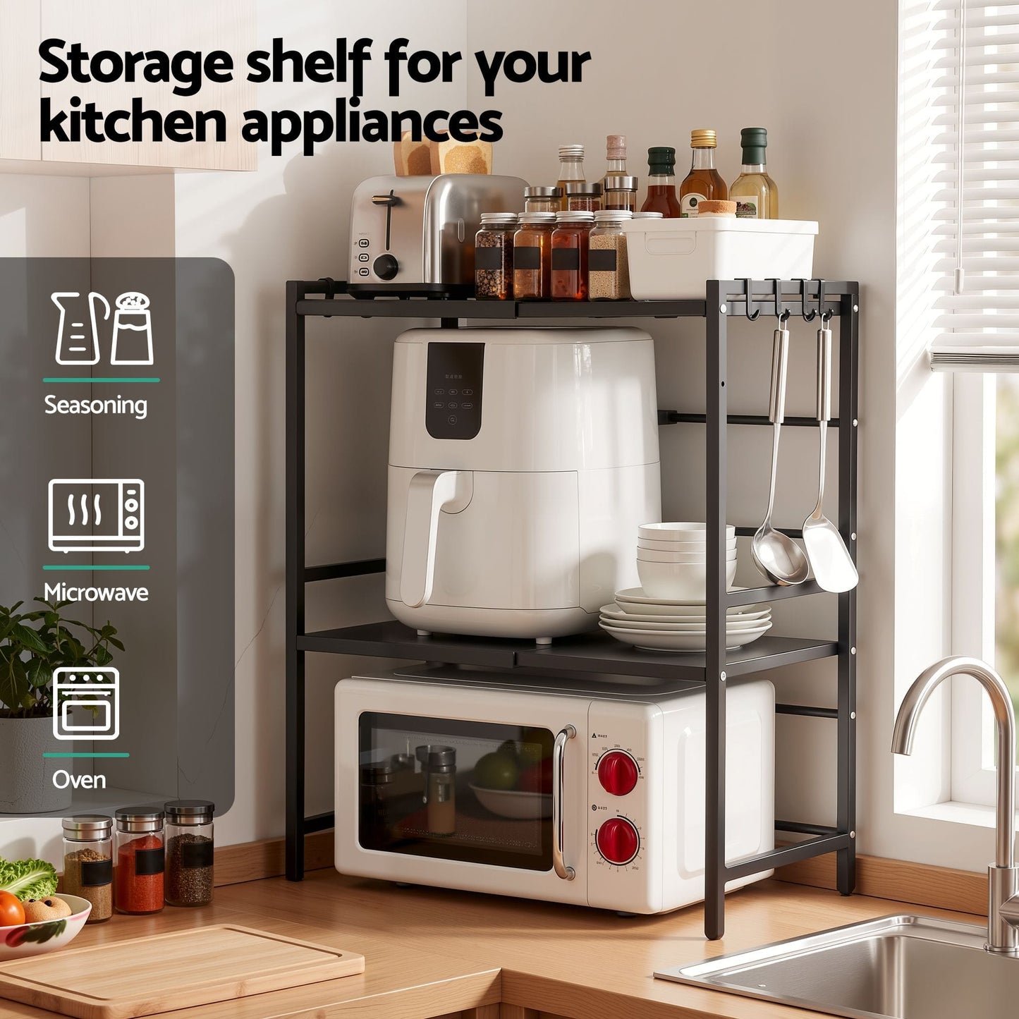 Alona.com.au Home & Garden > Kitchenware > Kitchen Utensils Artiss Kitchen Bakers Rack 40-60CMX78CM Metal Microwave Stand Black