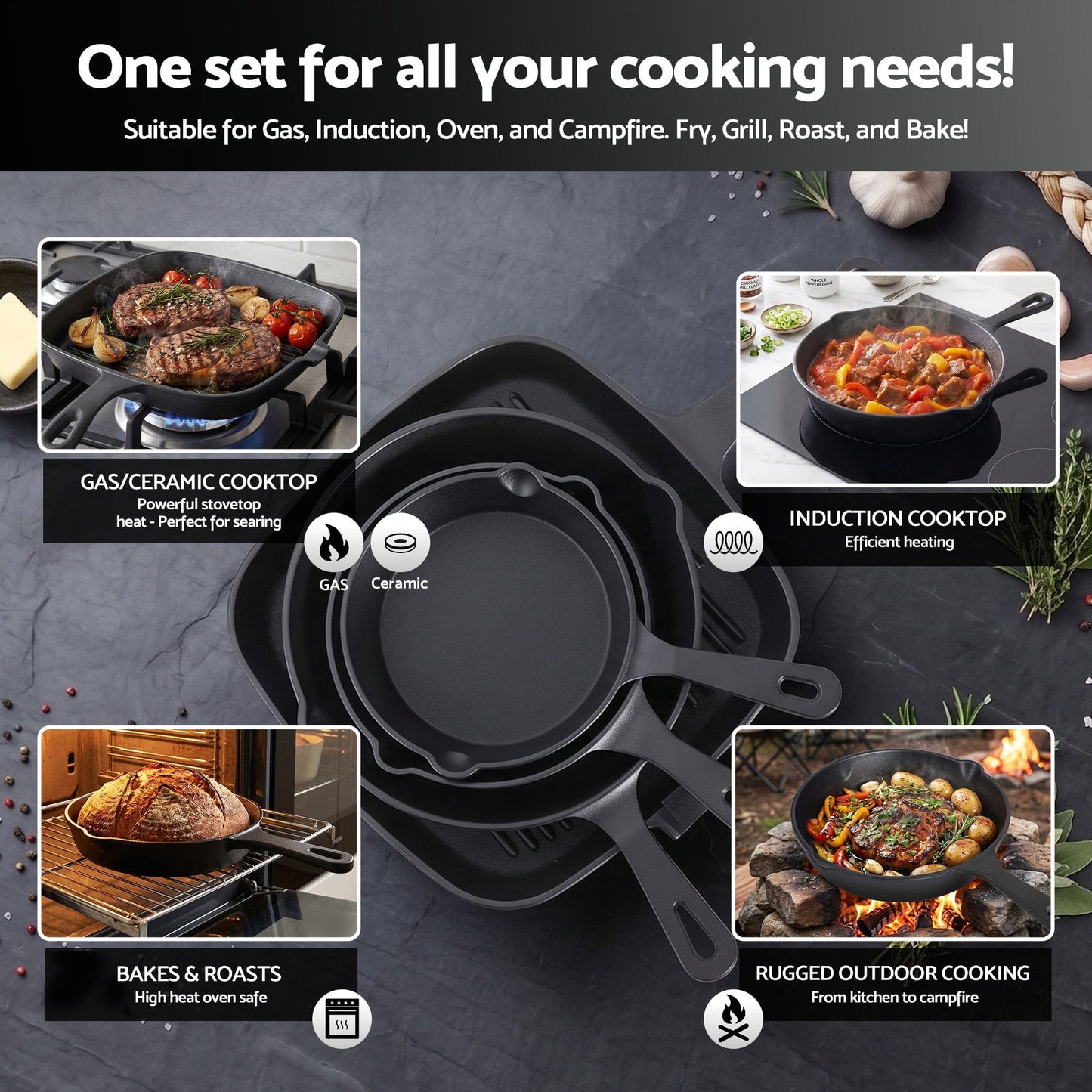 Alona.com.au Home & Garden > Kitchenware > Skillets & Frying Pans 5-Star Chef Cast Iron Fry Pan Skillet Cookware Set Induction Black 14/16/20/24cm