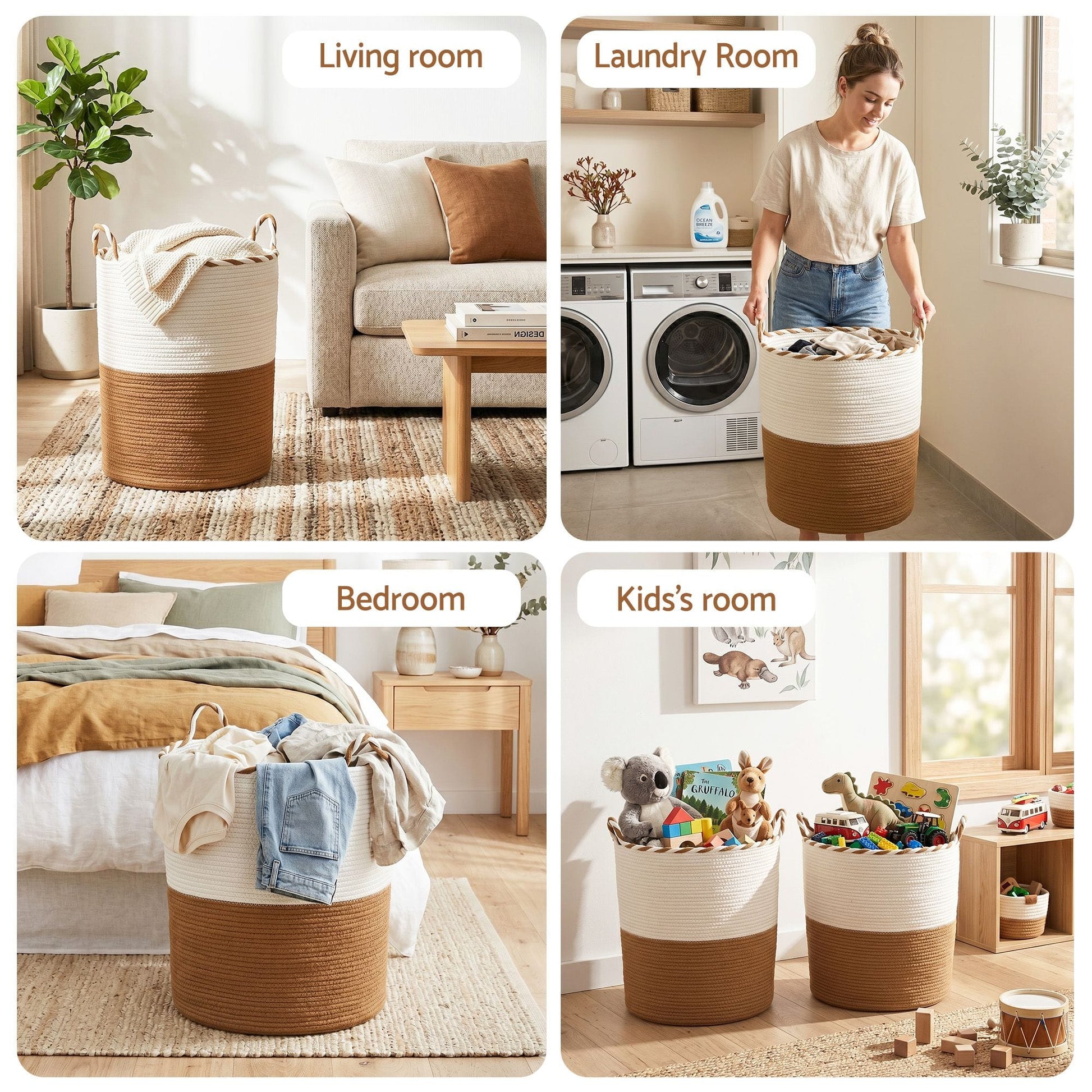 Alona.com.au Home & Garden > Laundry & Cleaning > Laundry Baskets Artiss Woven Laundry Basket with handles Foldable White & Brown
