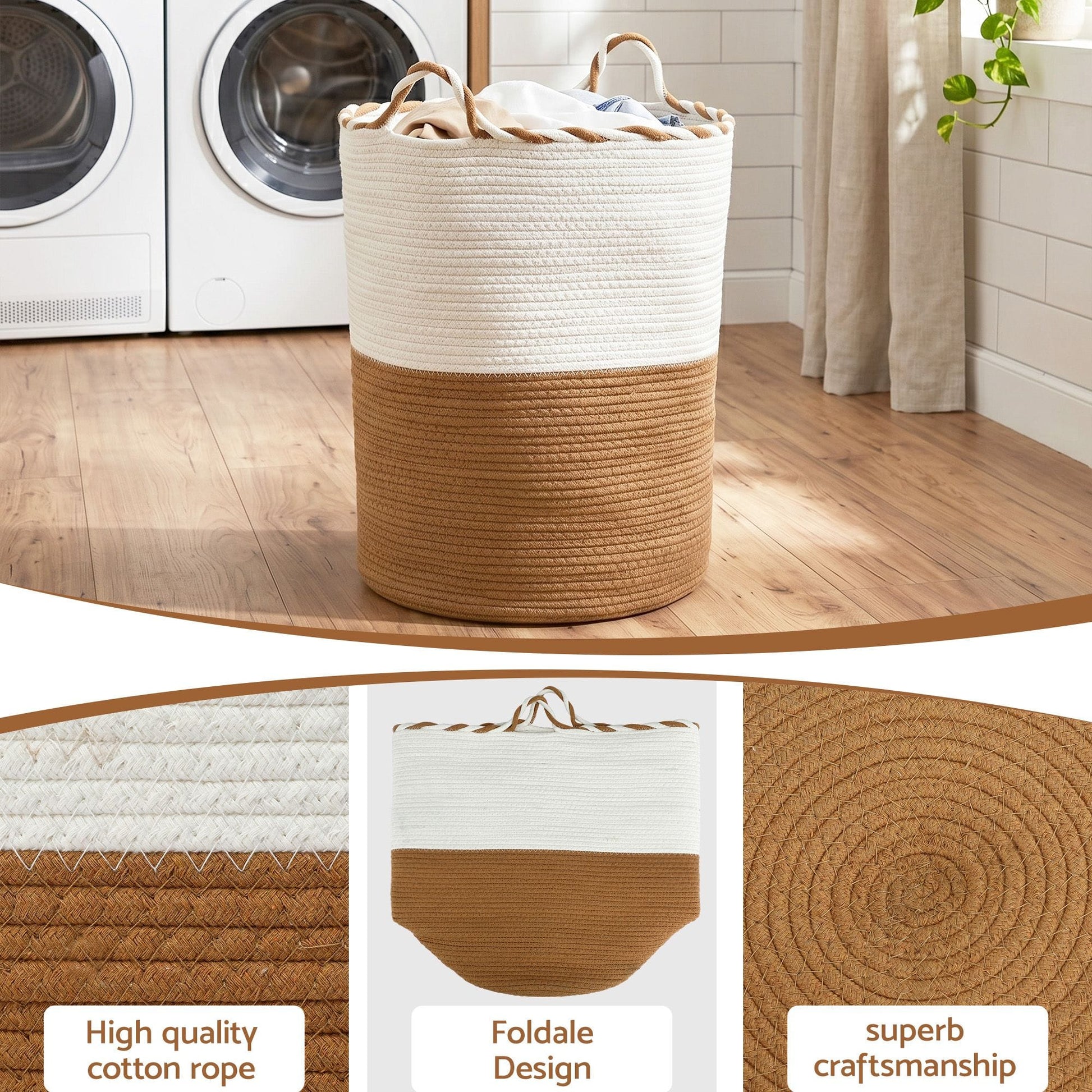 Alona.com.au Home & Garden > Laundry & Cleaning > Laundry Baskets Artiss Woven Laundry Basket with handles Foldable White & Brown