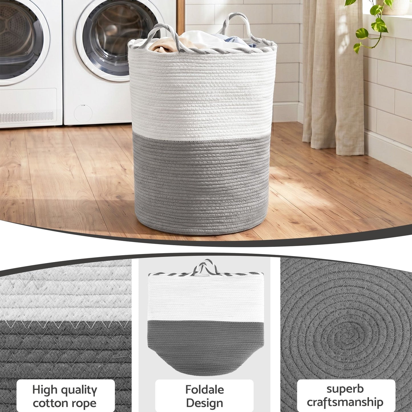 Alona.com.au Home & Garden > Laundry & Cleaning > Laundry Baskets Artiss Woven Laundry Basket with handles Foldable White & Grey