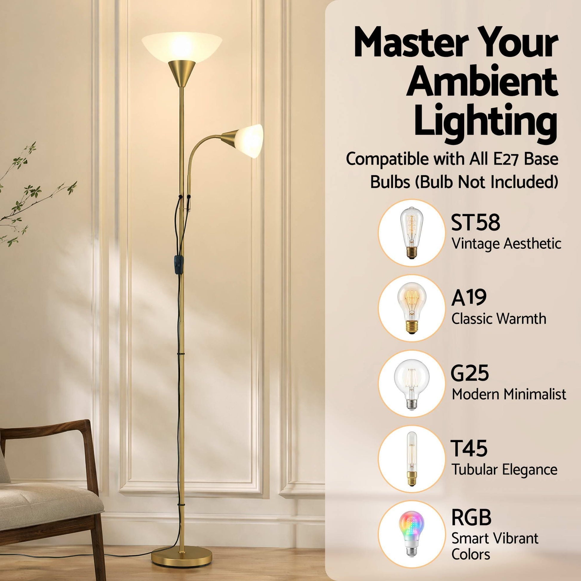Alona.com.au Home & Garden > Lighting > Floor Lamps Artiss Gold Floor Lamp with Reading Light | Mother and Child Standing Lamp with 360 Flexible Gooseneck, Individual Switch & Plate Shade, E27 & E14 Bulb (Not Included) Home Living Room Office Reading