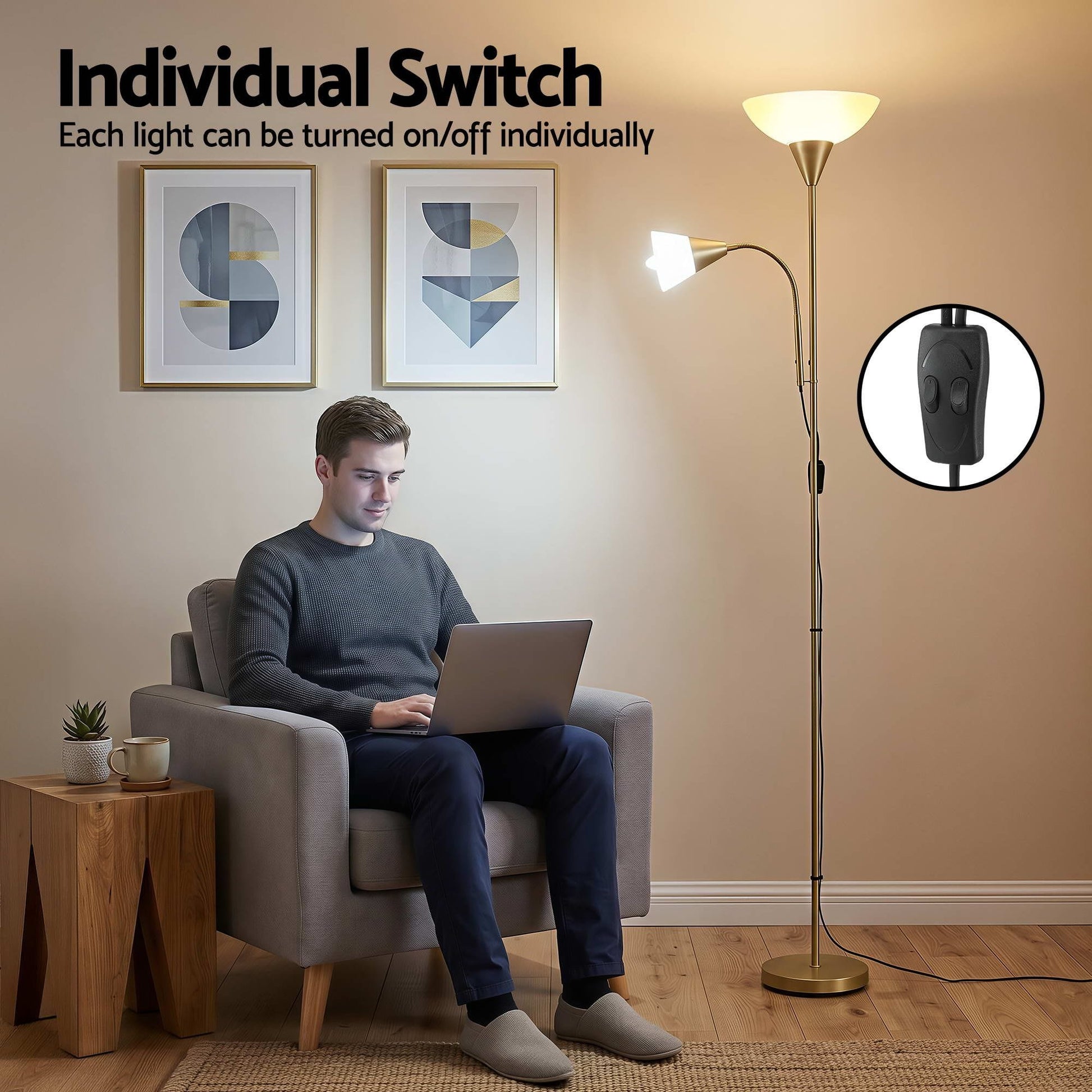 Alona.com.au Home & Garden > Lighting > Floor Lamps Artiss Gold Floor Lamp with Reading Light | Mother and Child Standing Lamp with 360 Flexible Gooseneck, Individual Switch & Plate Shade, E27 & E14 Bulb (Not Included) Home Living Room Office Reading