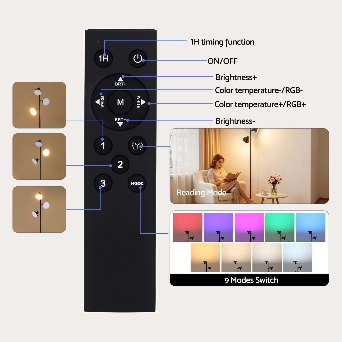 Alona.com.au Home & Garden > Lighting > Floor Lamps Artiss RGB Floor Lamp LED with 3 Swivel Lights Color Changing Lamp with Remote Stepless Dimmable