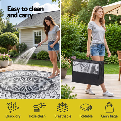 Alona.com.au Home & Garden > Rugs > Outdoor Rugs Gardeon 180CM Outdoor Rug Reversible Carpet PP Area Mat Patio Rugs Round Grey