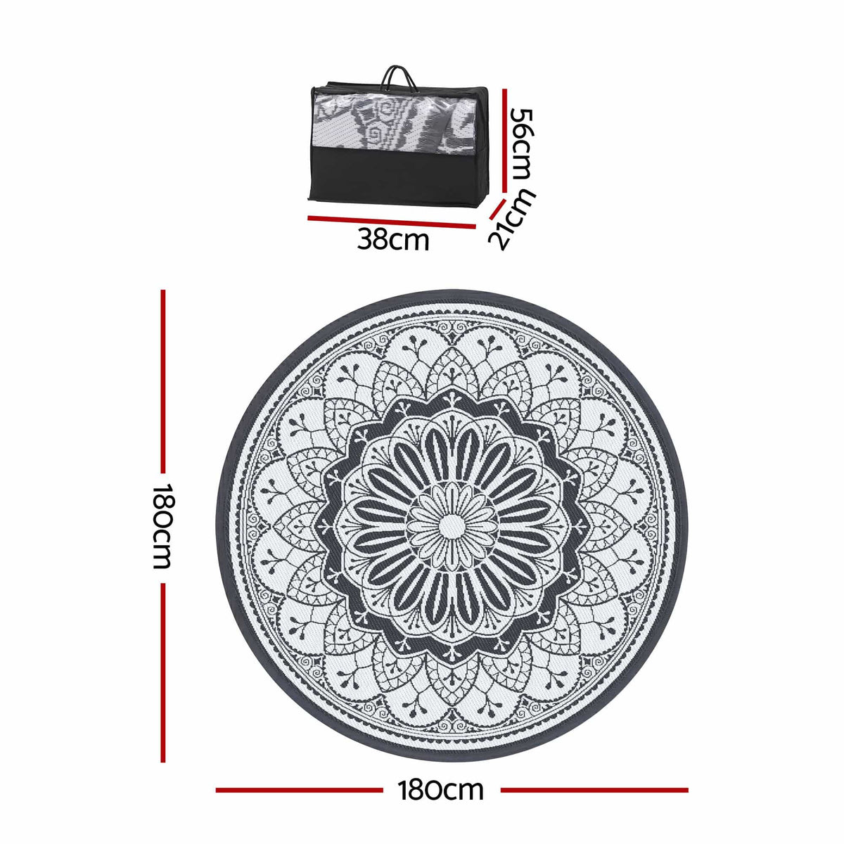 Alona.com.au Home & Garden > Rugs > Outdoor Rugs Gardeon 180CM Outdoor Rug Reversible Carpet PP Area Mat Patio Rugs Round Grey