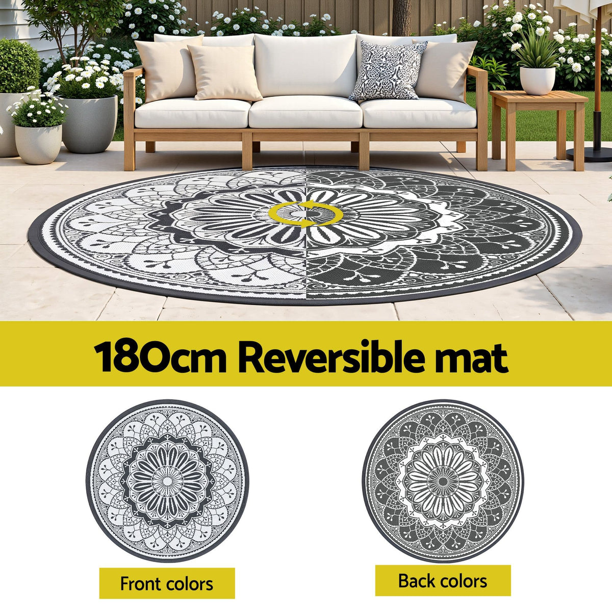 Alona.com.au Home & Garden > Rugs > Outdoor Rugs Gardeon 180CM Outdoor Rug Reversible Carpet PP Area Mat Patio Rugs Round Grey