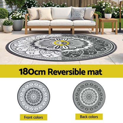 Alona.com.au Home & Garden > Rugs > Outdoor Rugs Gardeon 180CM Outdoor Rug Reversible Carpet PP Area Mat Patio Rugs Round Grey