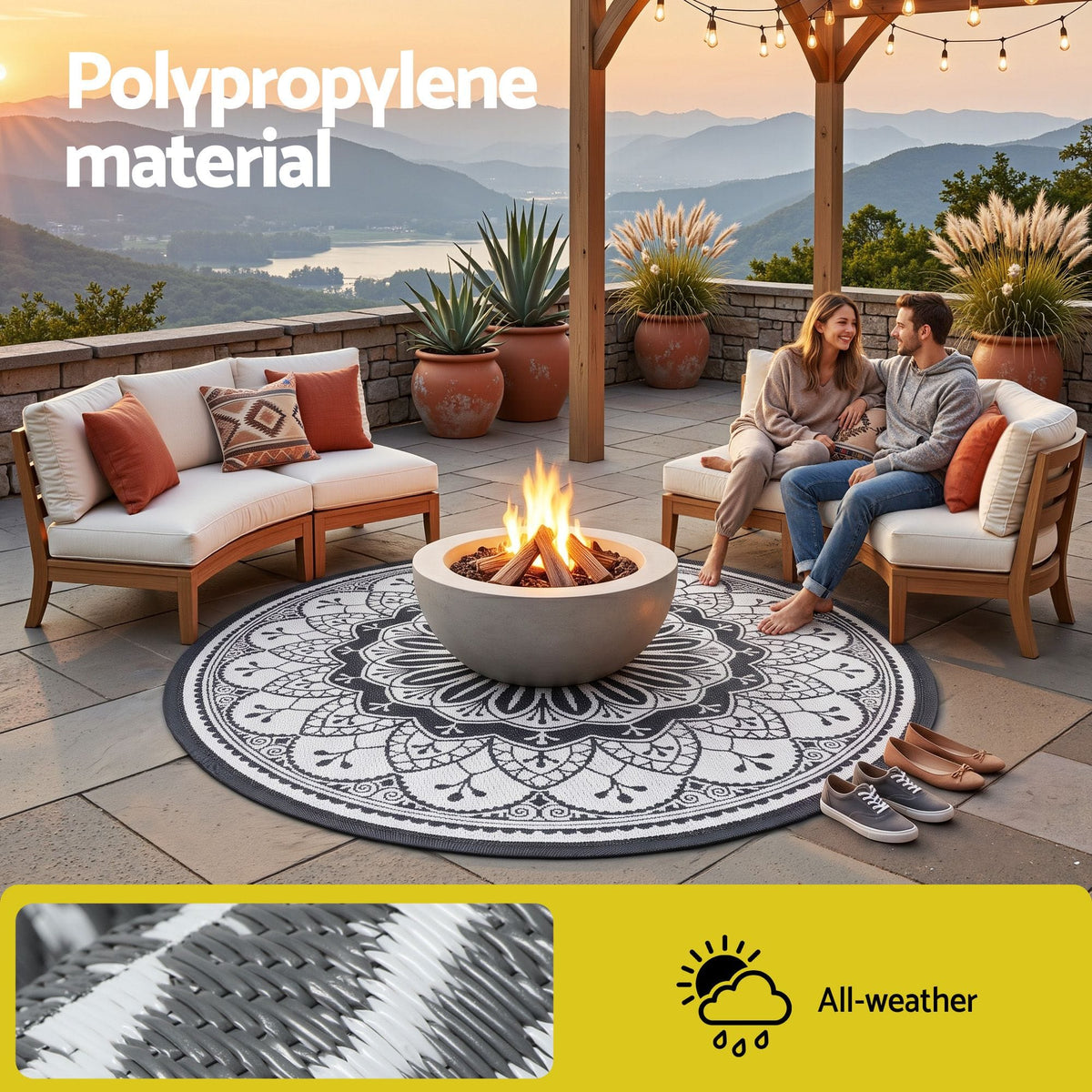 Alona.com.au Home & Garden > Rugs > Outdoor Rugs Gardeon 180CM Outdoor Rug Reversible Carpet PP Area Mat Patio Rugs Round Grey