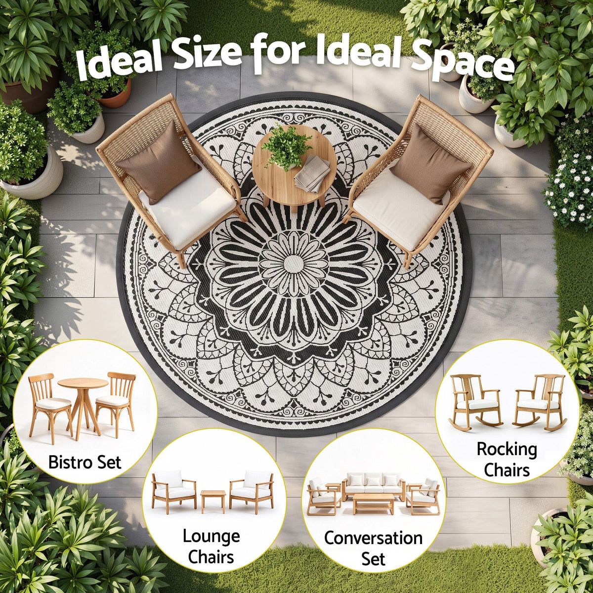 Alona.com.au Home & Garden > Rugs > Outdoor Rugs Gardeon 180CM Outdoor Rug Reversible Carpet PP Area Mat Patio Rugs Round Grey