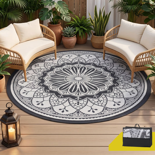 Alona.com.au Home & Garden > Rugs > Outdoor Rugs Gardeon 180CM Outdoor Rug Reversible Carpet PP Area Mat Patio Rugs Round Grey