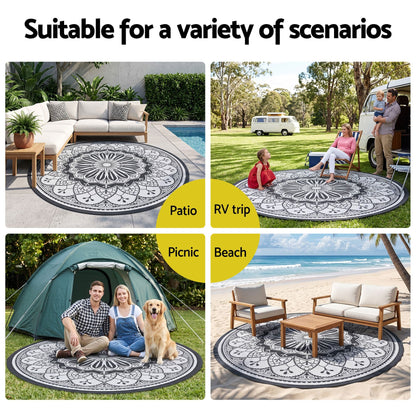 Alona.com.au Home & Garden > Rugs > Outdoor Rugs Gardeon 180CM Outdoor Rug Reversible Carpet PP Area Mat Patio Rugs Round Grey