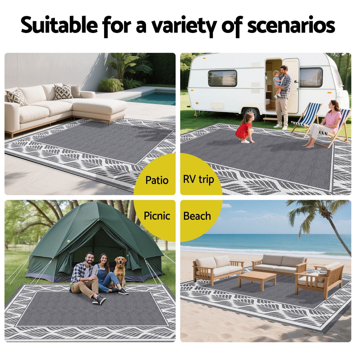 Alona.com.au Home & Garden > Rugs > Outdoor Rugs Gardeon Outdoor Rugs 274x366cm Large Carpet Reversible PP Dual-Sided Area Mat Patio Rug Grey