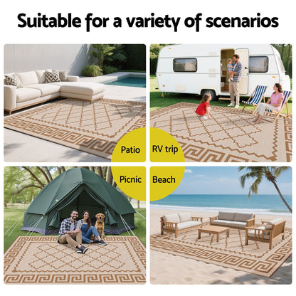 Alona.com.au Home & Garden > Rugs > Outdoor Rugs Gardeon Outdoor Rugs 274x366cm Large Carpet Reversible PP Dual-Sided Area Mat Patio Rug Khaki