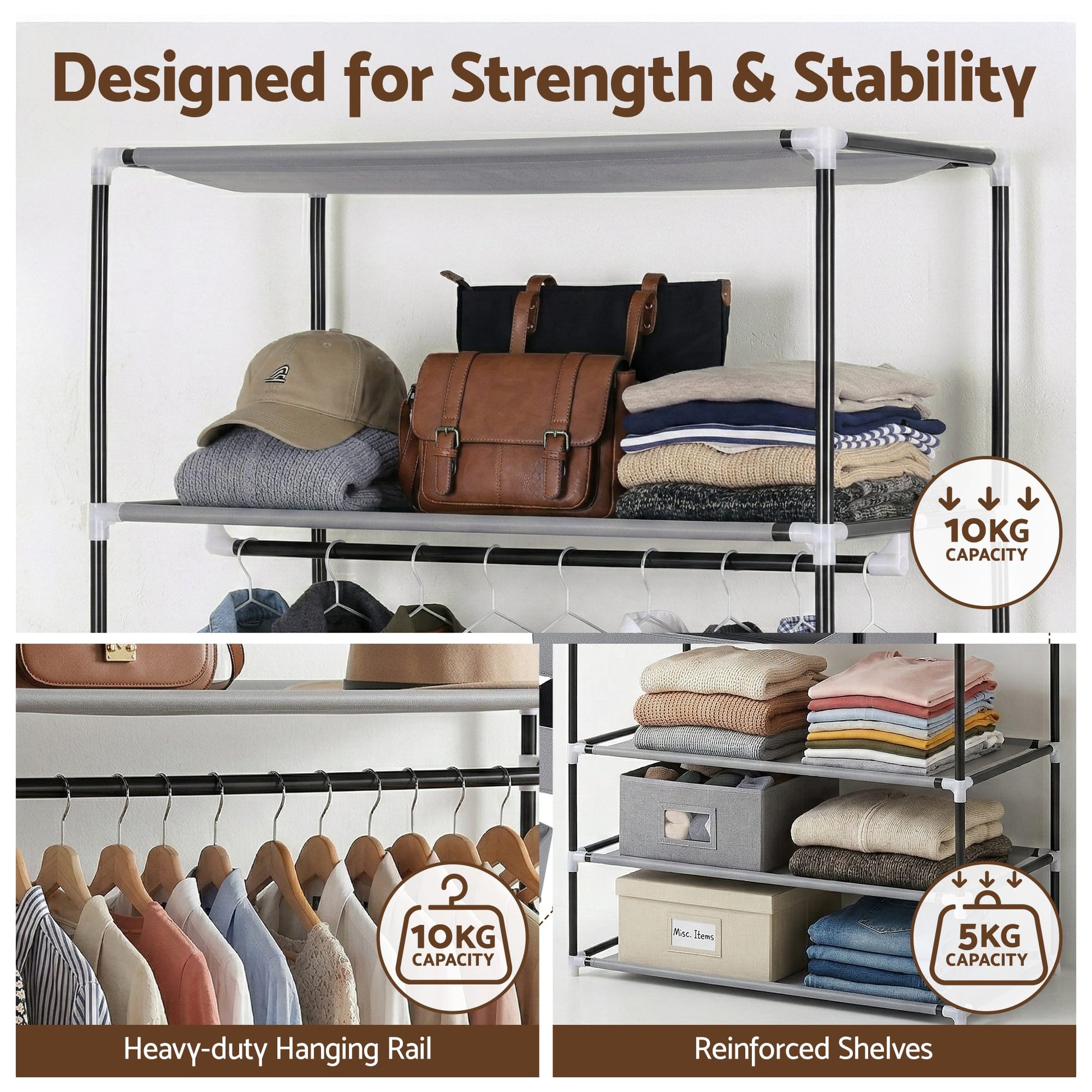 Alona.com.au Home & Garden > Storage > Clothing & Wardrobe Storage Artiss Large Portable Clothes Closet Wardrobe with Magnetic Door Grey