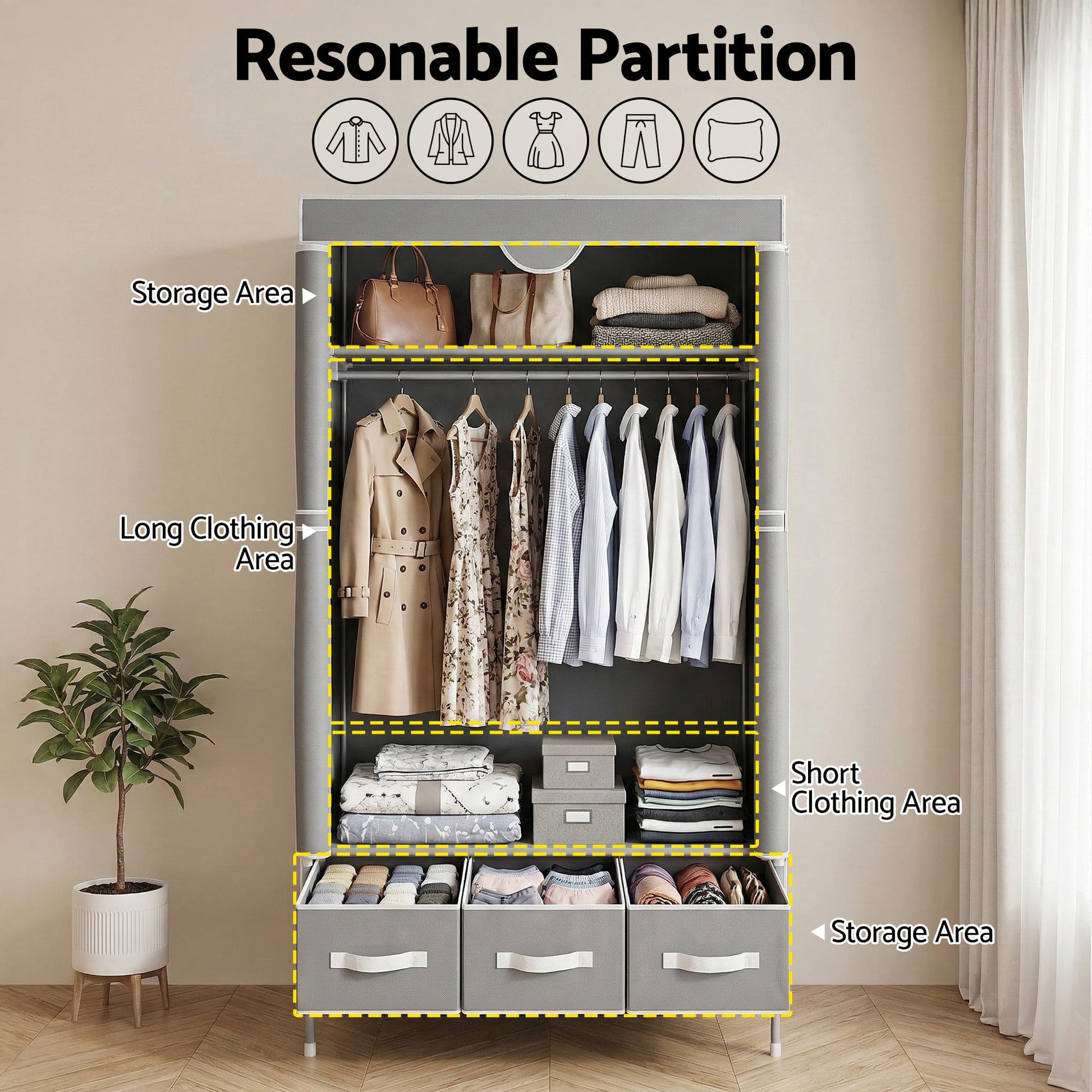 Alona.com.au Home & Garden > Storage > Clothing & Wardrobe Storage Artiss Large Portable Clothes Closet Wardrobe with Tiebacks Grey