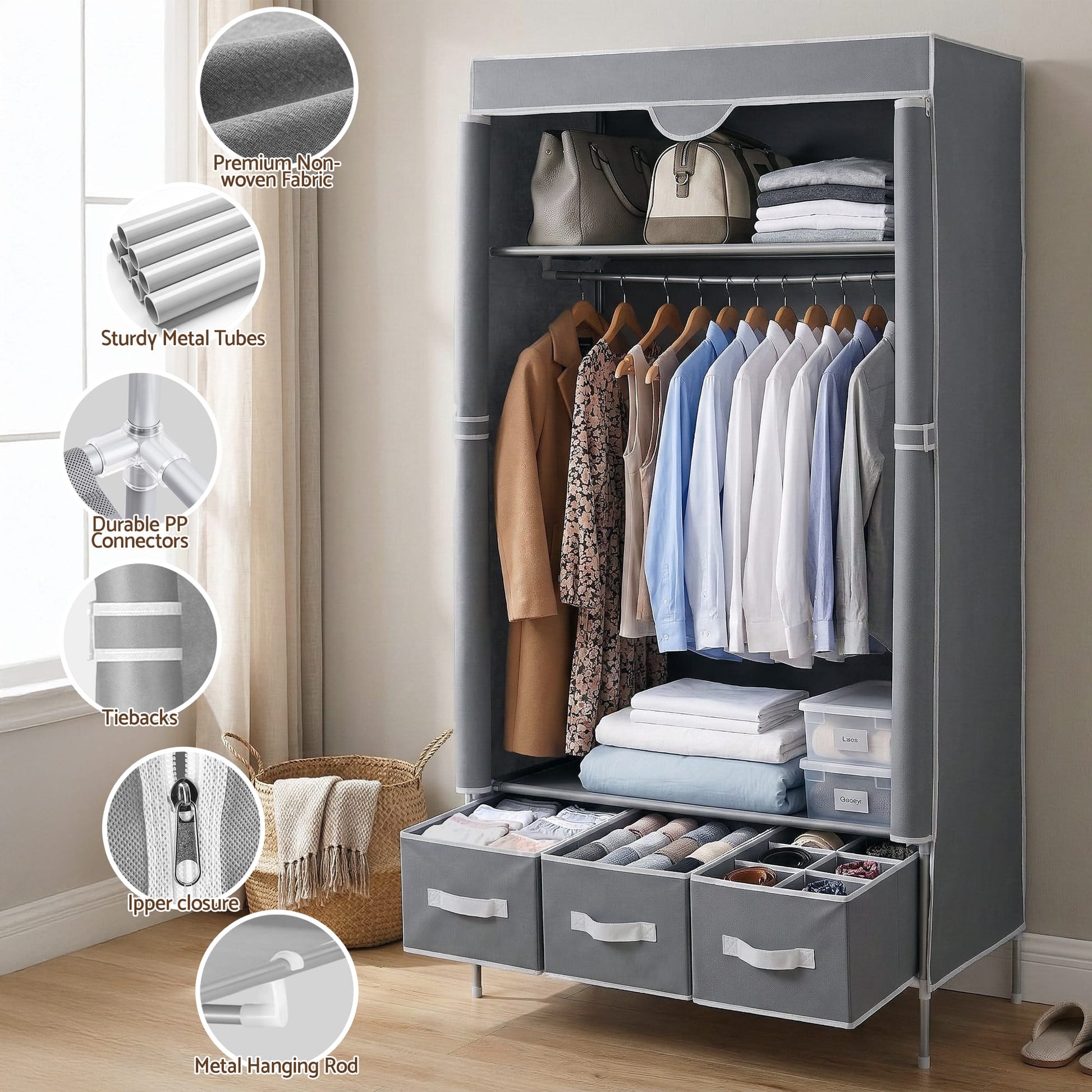 Alona.com.au Home & Garden > Storage > Clothing & Wardrobe Storage Artiss Large Portable Clothes Closet Wardrobe with Tiebacks Grey