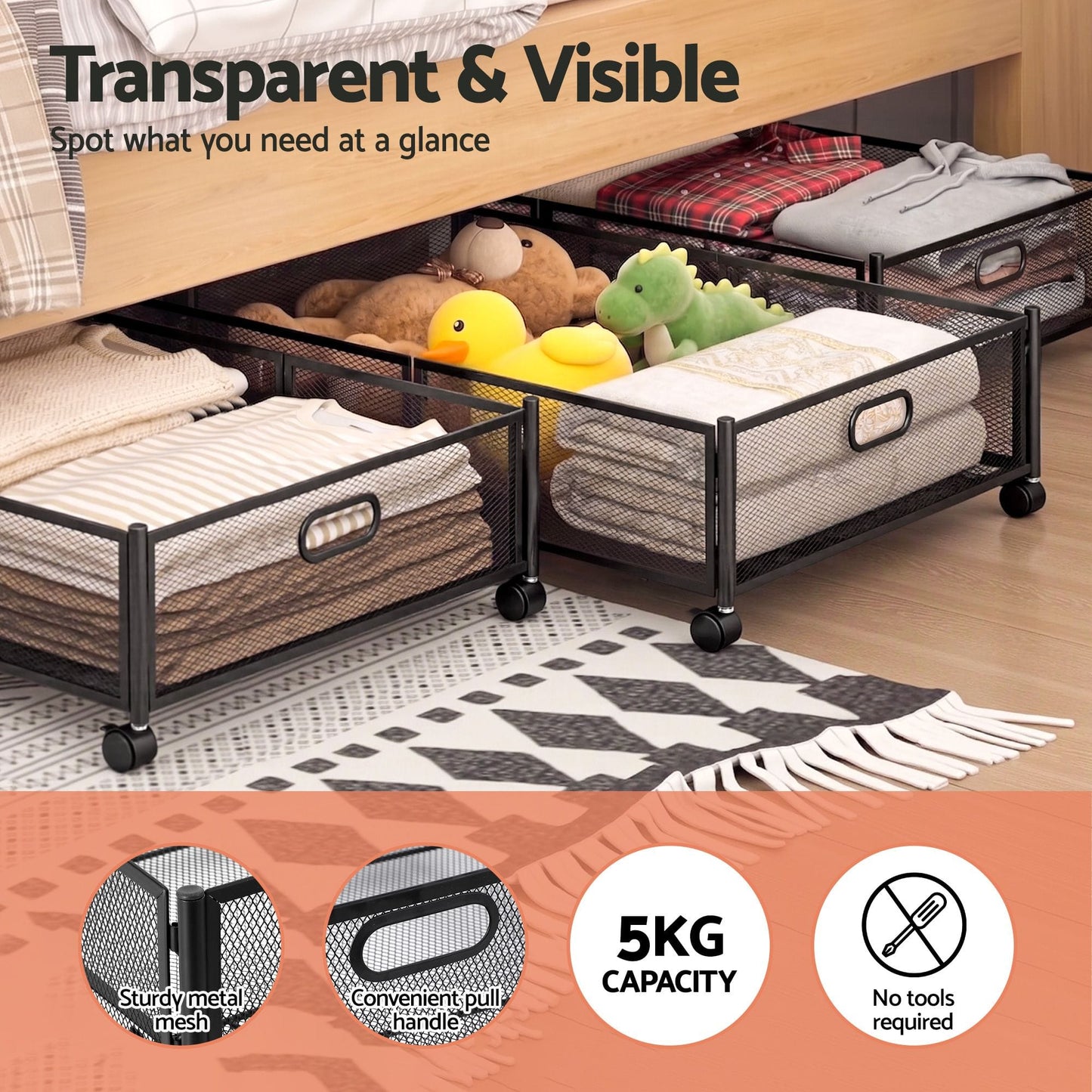 Alona.com.au Home & Garden > Storage > Storage Boxes Artiss 2X Under Bed Storage Containers Metal Boxes Quilt Organiser with Wheels