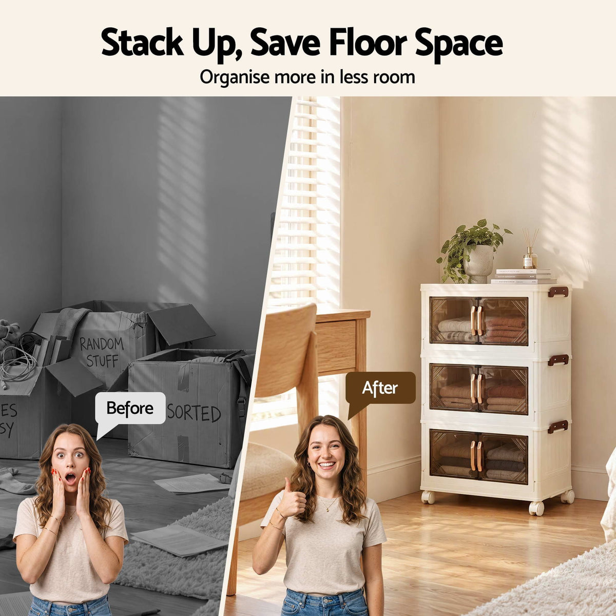 Alona.com.au Home & Garden > Storage > Storage Boxes Artiss 3-Tier Foldable Storage Cabinet Stackable Box Clear Magnetic Door White