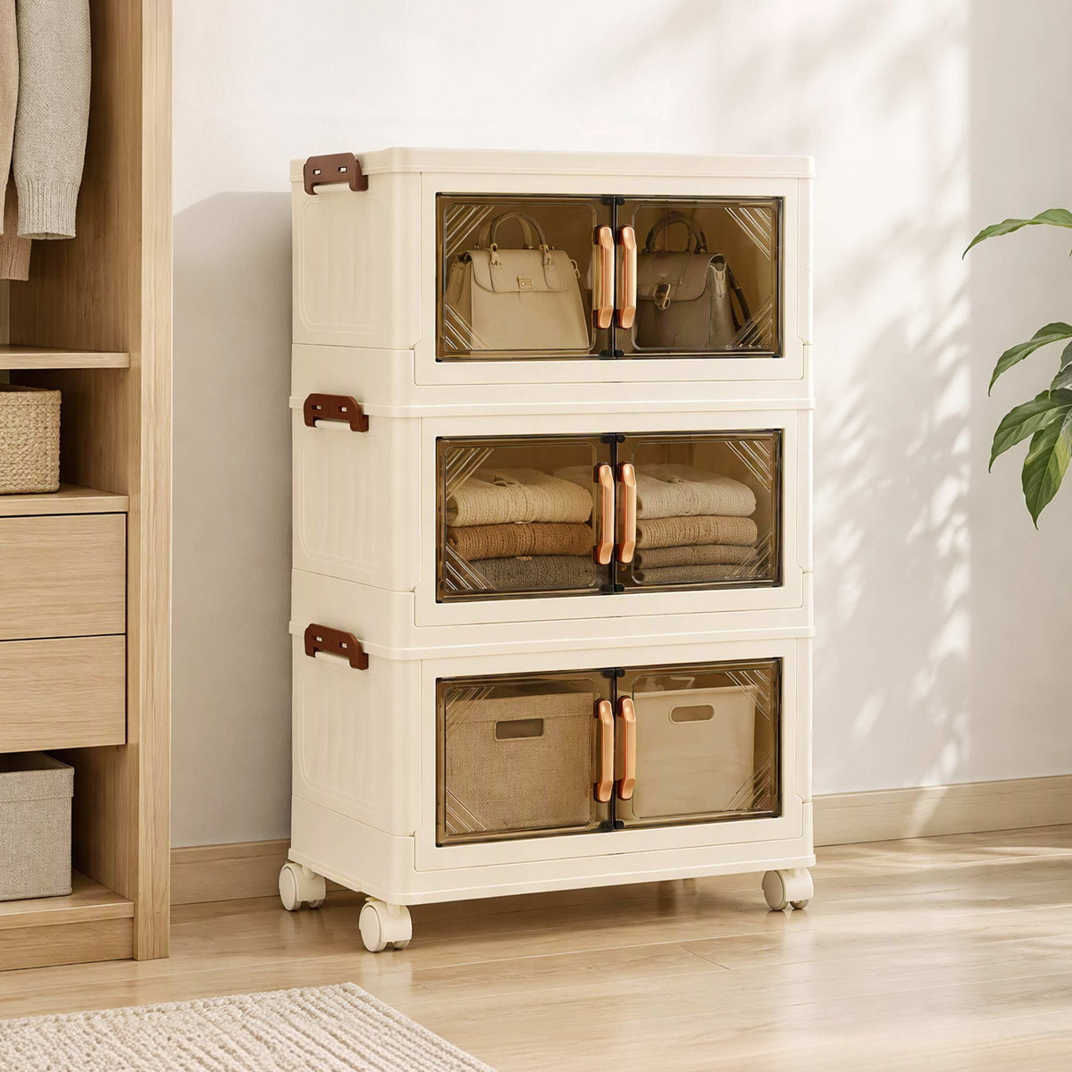 Alona.com.au Home & Garden > Storage > Storage Boxes Artiss 3-Tier Foldable Storage Cabinet Stackable Box Clear Magnetic Door White