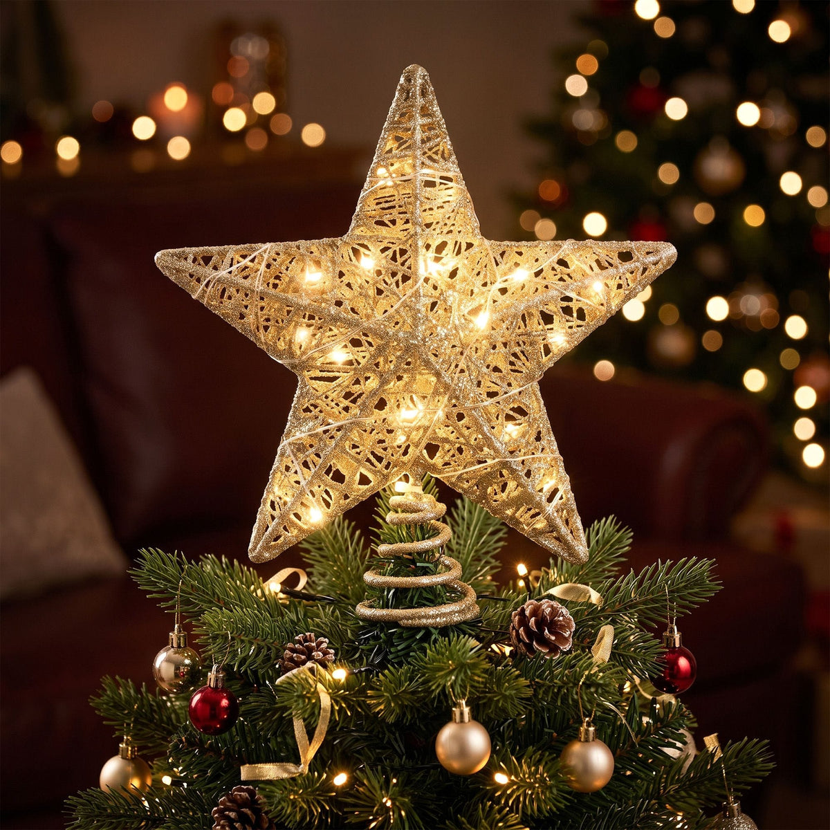 Alona.com.au Occasions > Christmas > Christmas Decorations Jingle Jollys 3D Christmas Tree Topper Star 20 Warm LED Lights Gold Glitter