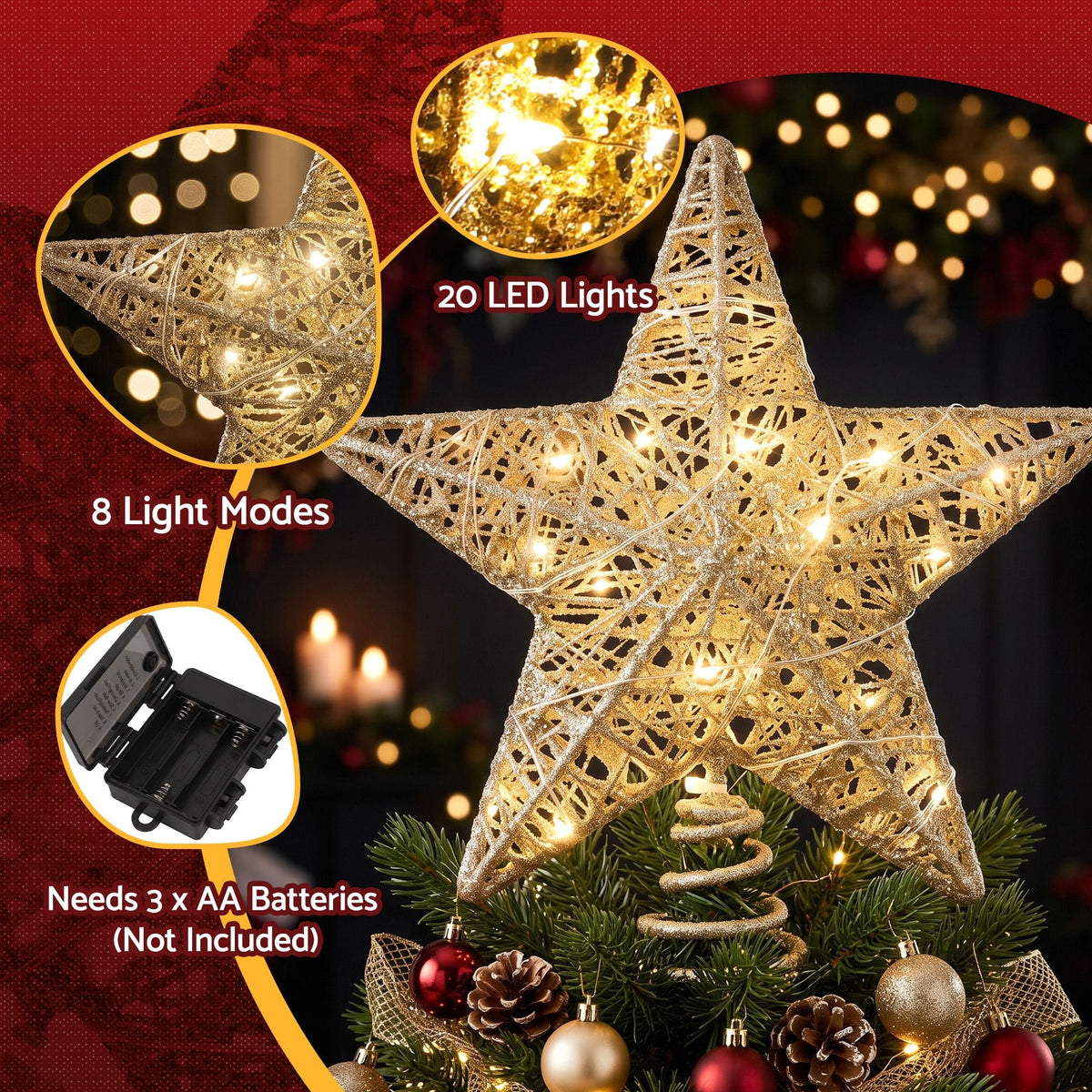 Alona.com.au Occasions > Christmas > Christmas Decorations Jingle Jollys 3D Christmas Tree Topper Star 20 Warm LED Lights Gold Glitter