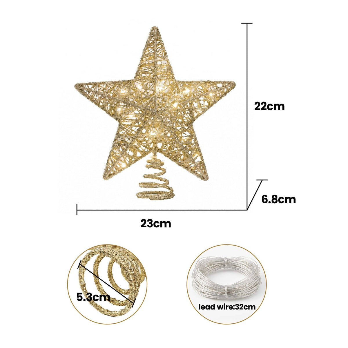 Alona.com.au Occasions > Christmas > Christmas Decorations Jingle Jollys 3D Christmas Tree Topper Star 20 Warm LED Lights Gold Glitter