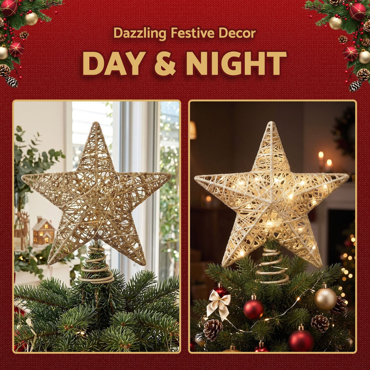 Alona.com.au Occasions > Christmas > Christmas Decorations Jingle Jollys 3D Christmas Tree Topper Star 20 Warm LED Lights Gold Glitter
