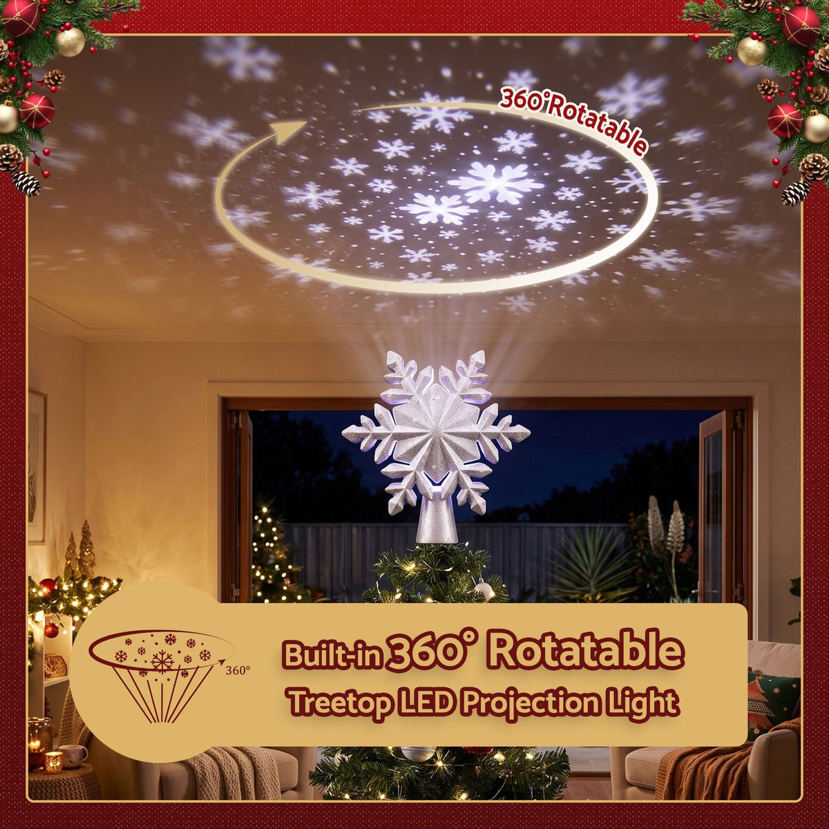 Alona.com.au Occasions > Christmas > Christmas Decorations Jingle Jollys Christmas Tree Topper Lighted 360° Rotating Snowflake Projector Silver Glitter