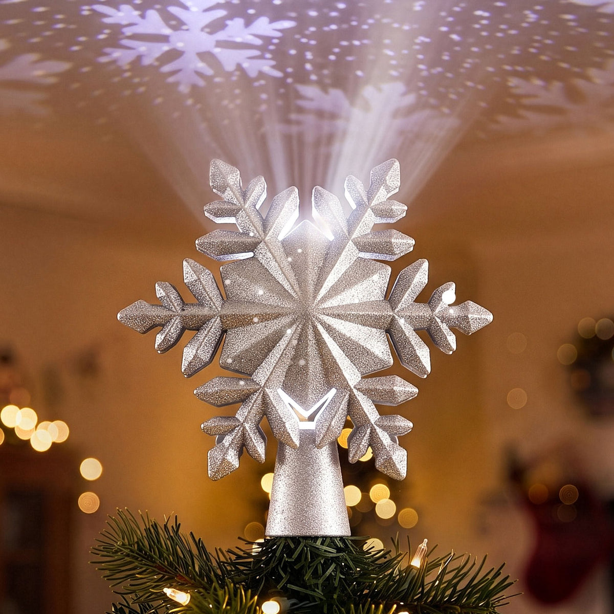 Alona.com.au Occasions > Christmas > Christmas Decorations Jingle Jollys Christmas Tree Topper Lighted 360° Rotating Snowflake Projector Silver Glitter