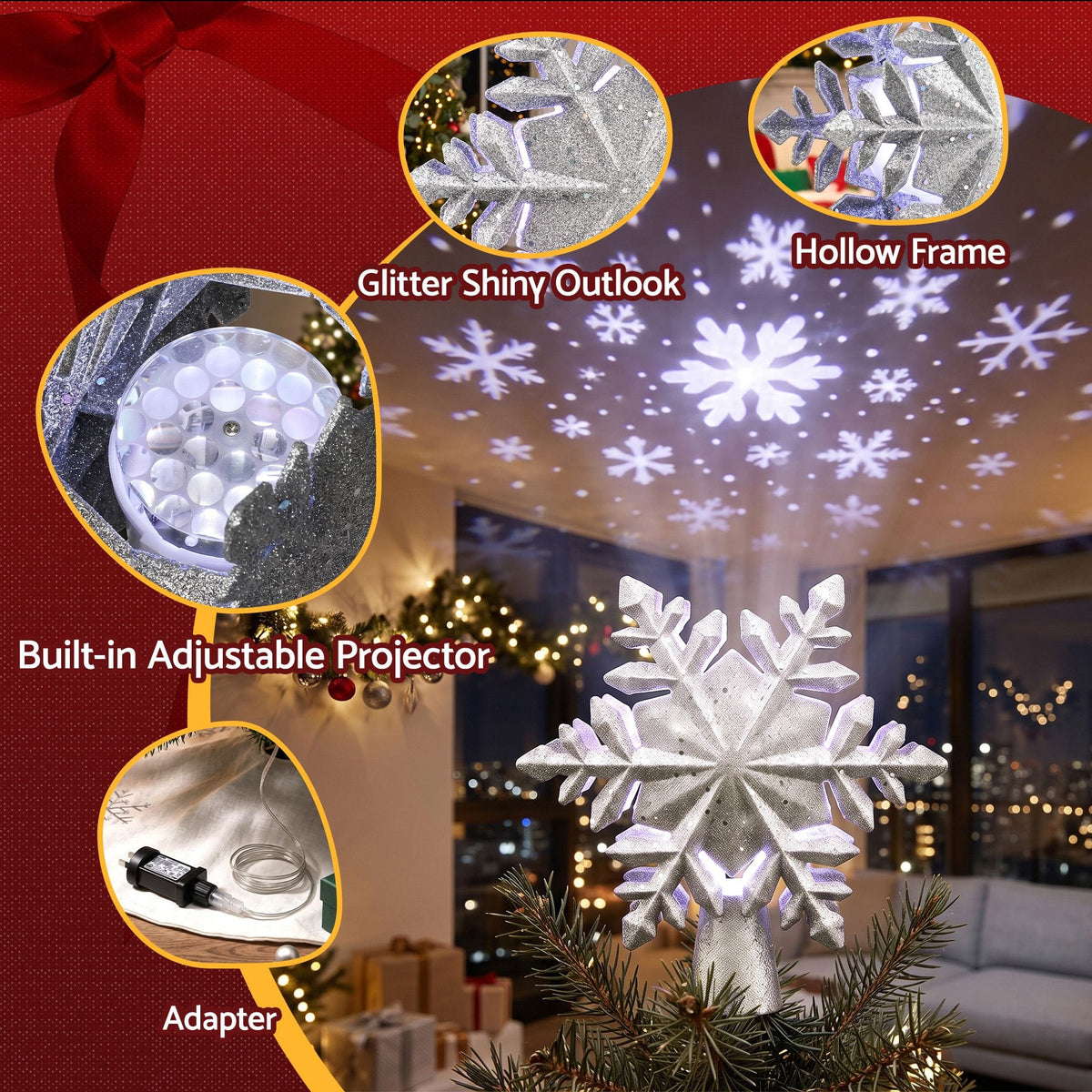 Alona.com.au Occasions > Christmas > Christmas Decorations Jingle Jollys Christmas Tree Topper Lighted 360° Rotating Snowflake Projector Silver Glitter