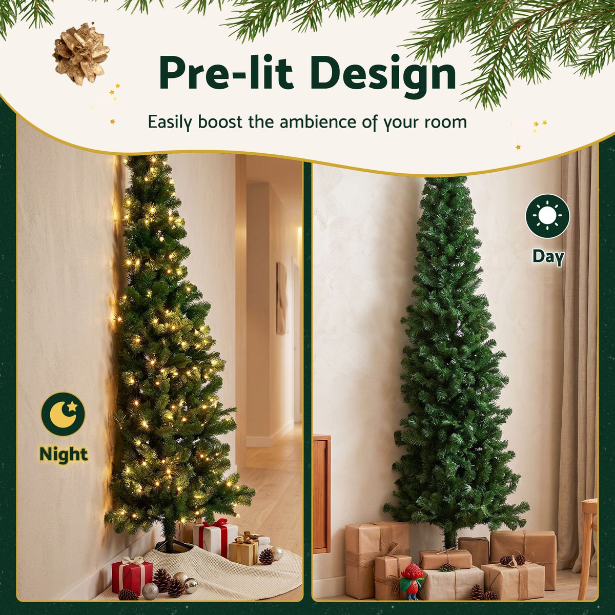 Alona.com.au Occasions > Christmas > Christmas Trees Jingle Jollys 1.8m Pre-Lit Christmas Tree Slim Pencil Xmas Tree Corner Tree