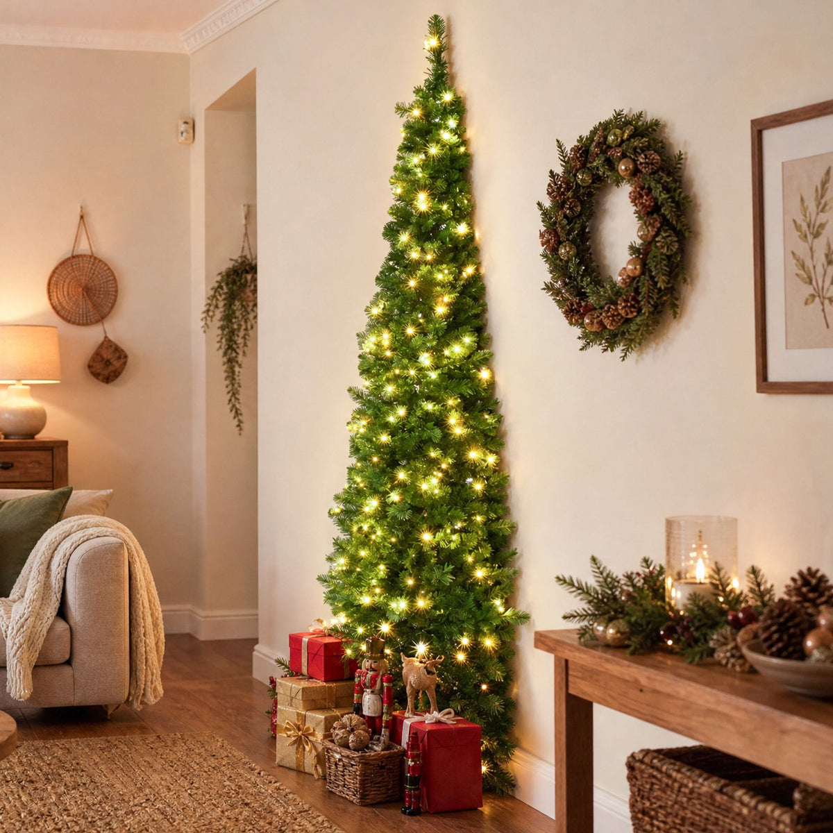 Alona.com.au Occasions > Christmas > Christmas Trees Jingle Jollys 1.8m Pre-Lit Christmas Tree Slim Pencil Xmas Tree Corner Tree