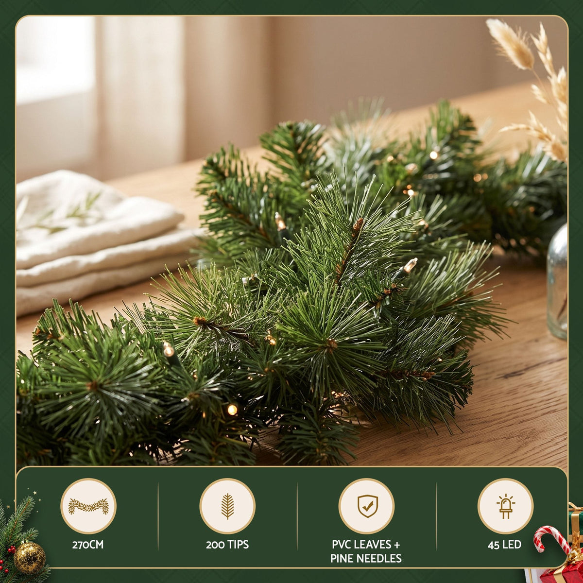 Alona.com.au Occasions > Christmas > Christmas Wreaths & Garlands Jingle Jollys 2.7M Christmas Garland 8 Mode LED Lights Timing 200Tips Xmas Decor
