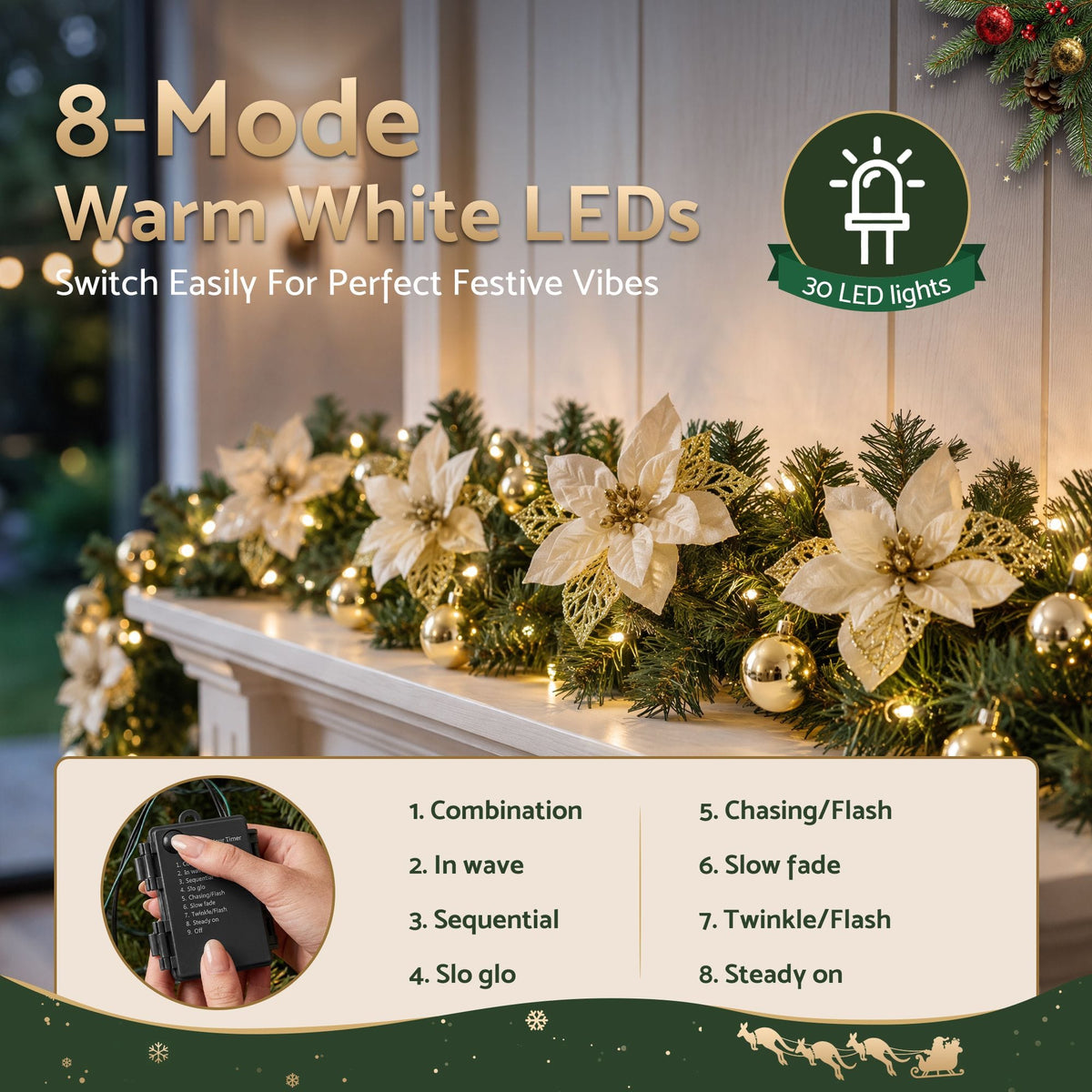 Alona.com.au Occasions > Christmas > Christmas Wreaths & Garlands Jingle Jollys 2.7M Christmas Garland 8 Mode LEDs Timing 200 Tips Flowers Balls