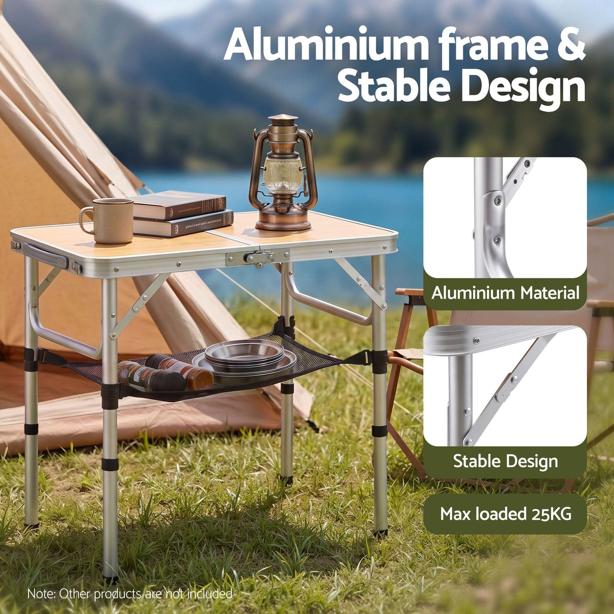 Alona.com.au Outdoor Recreation > Camping > Camp Furniture Weisshorn Folding Camping Table Adjustable Aluminium 60 x 40 cm Wood Grain