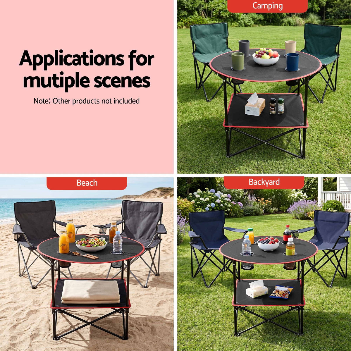 Alona.com.au Outdoor Recreation > Camping > Camp Furniture Weisshorn Folding Camping Table with 4 Cup Holders Metal Oxford 73CM Black