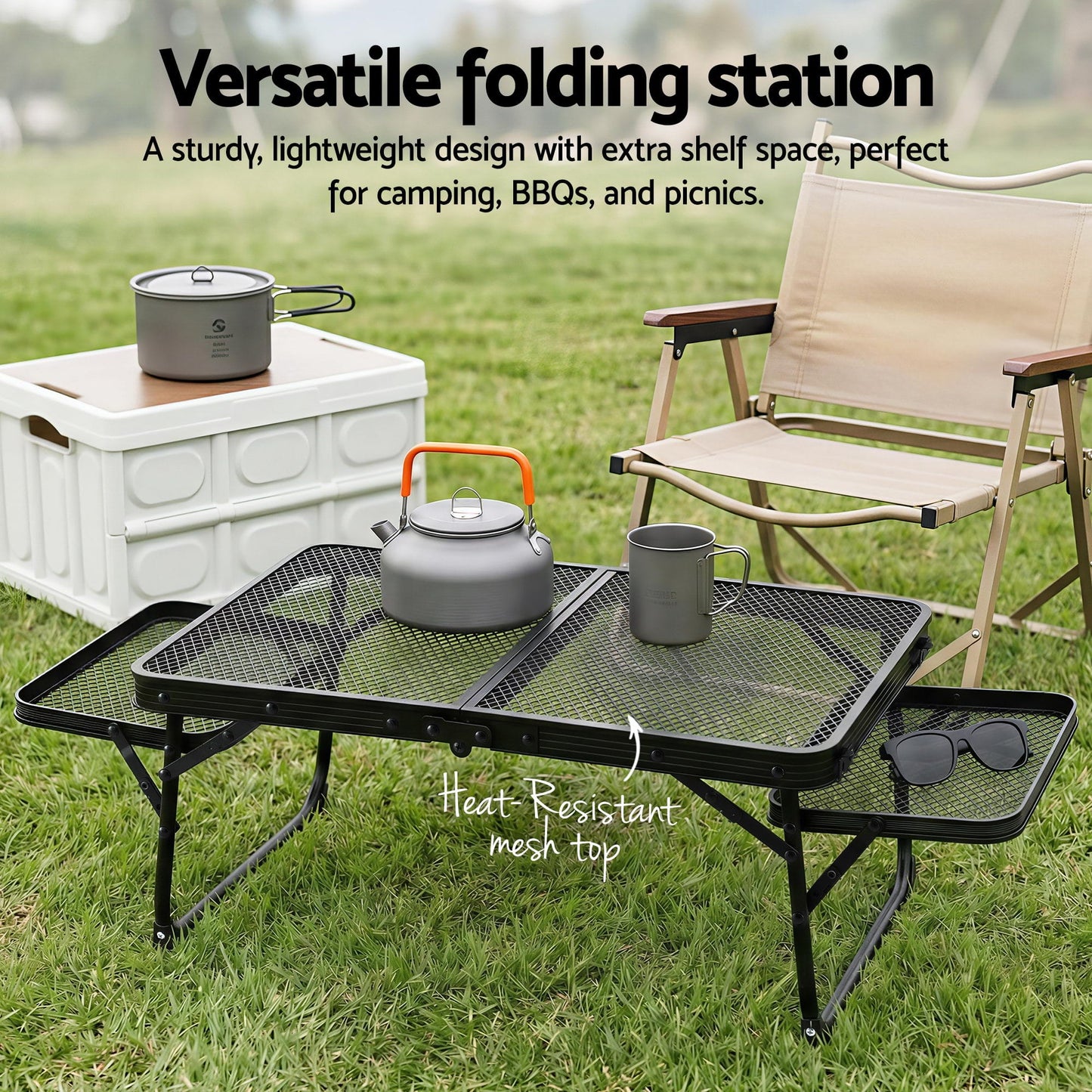 Alona.com.au Outdoor Recreation > Camping > Camping Appliances Weisshorn Camping Table Mesh Desktop Lightweight Portable Outdoor Folding Grill Desk