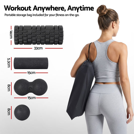 Alona.com.au Outdoor Recreation > Camping > Inflatable Mattresses Everfit Foam Roller Set 4 in 1 Grid High Density Massager for Deep Tissue Trigger Point Myofascial Release Back Pain Muscle Recovery Gym Home Fitness Equipment with Storage Bag Supports 150kg