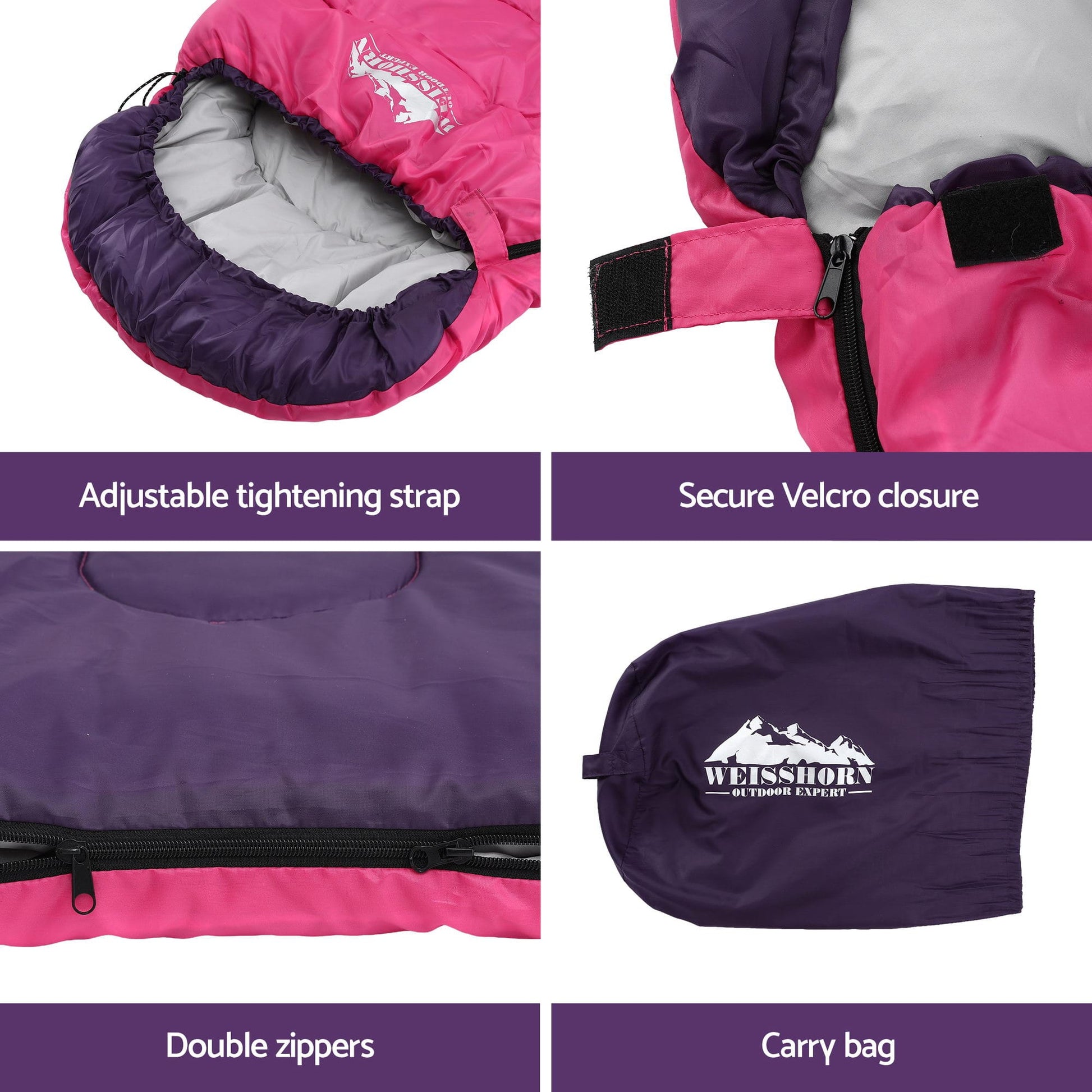 Alona.com.au Outdoor Recreation > Camping > Sleeping Bags Weisshorn Sleeping Bag Single 213cm Thermal Camping Hiking Pink