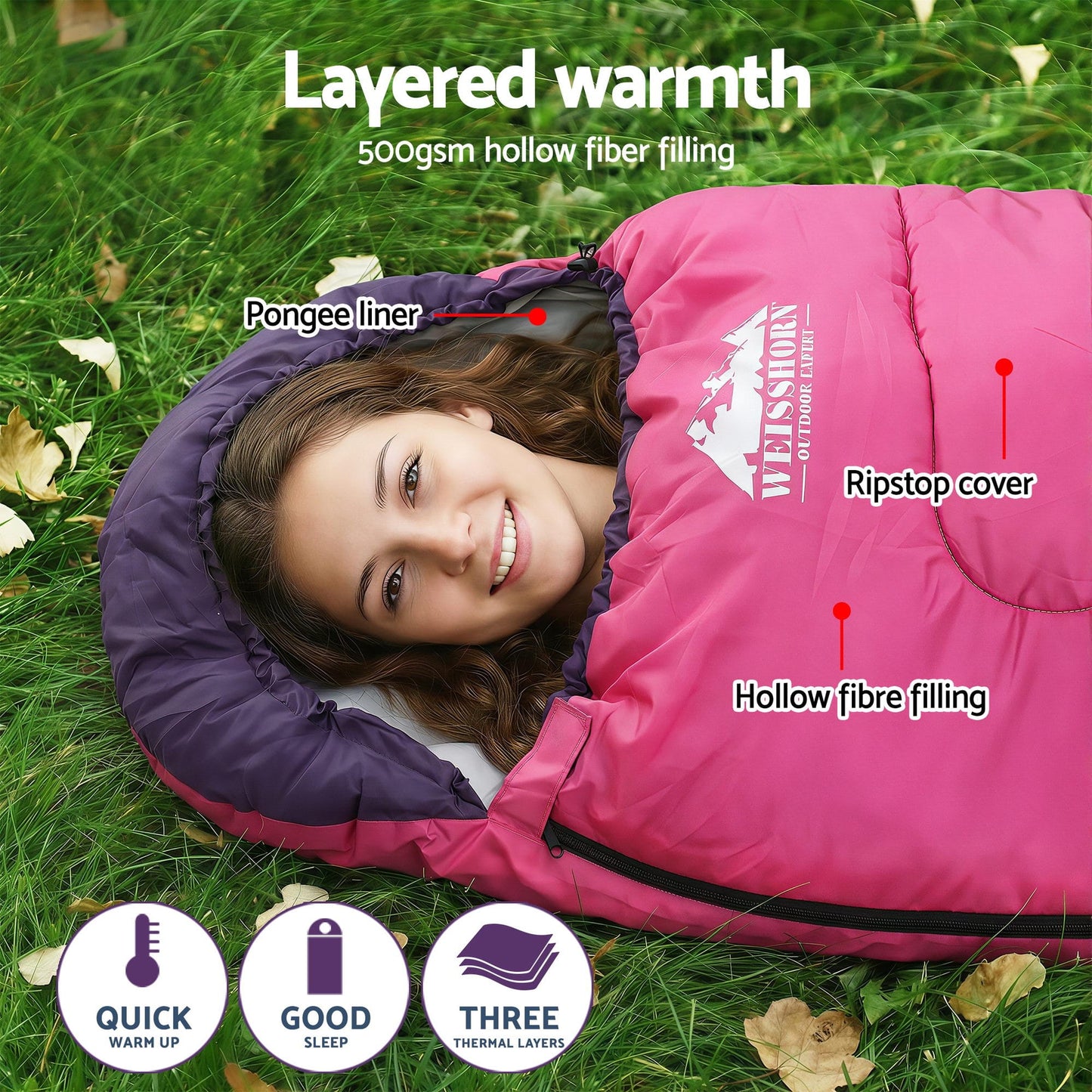 Alona.com.au Outdoor Recreation > Camping > Sleeping Bags Weisshorn Sleeping Bag Single 213cm Thermal Camping Hiking Pink