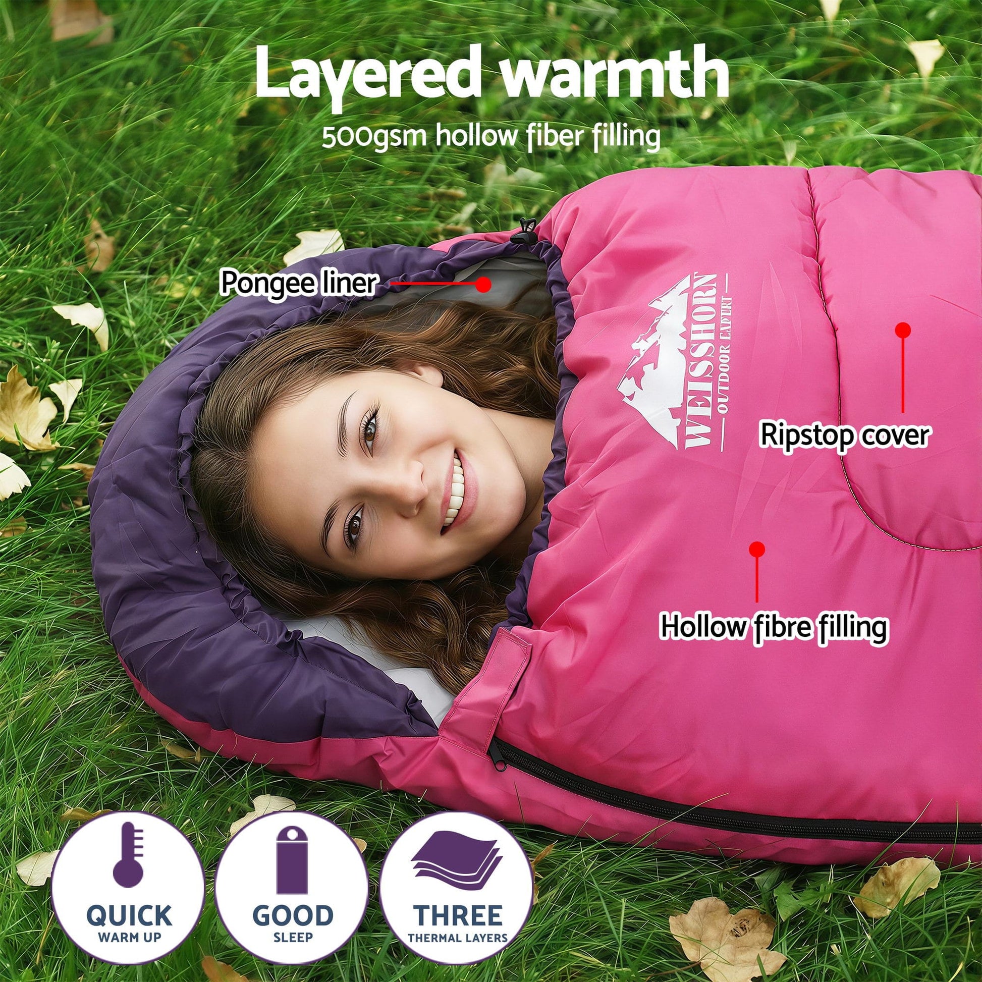 Alona.com.au Outdoor Recreation > Camping > Sleeping Bags Weisshorn Sleeping Bag Single 213cm Thermal Camping Hiking Pink
