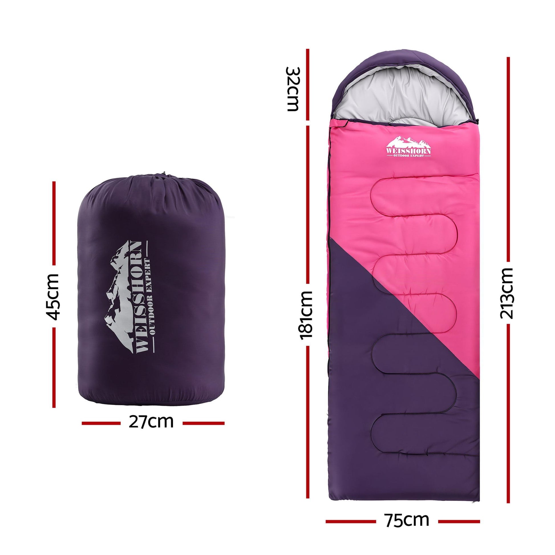 Alona.com.au Outdoor Recreation > Camping > Sleeping Bags Weisshorn Sleeping Bag Single 213cm Thermal Camping Hiking Pink