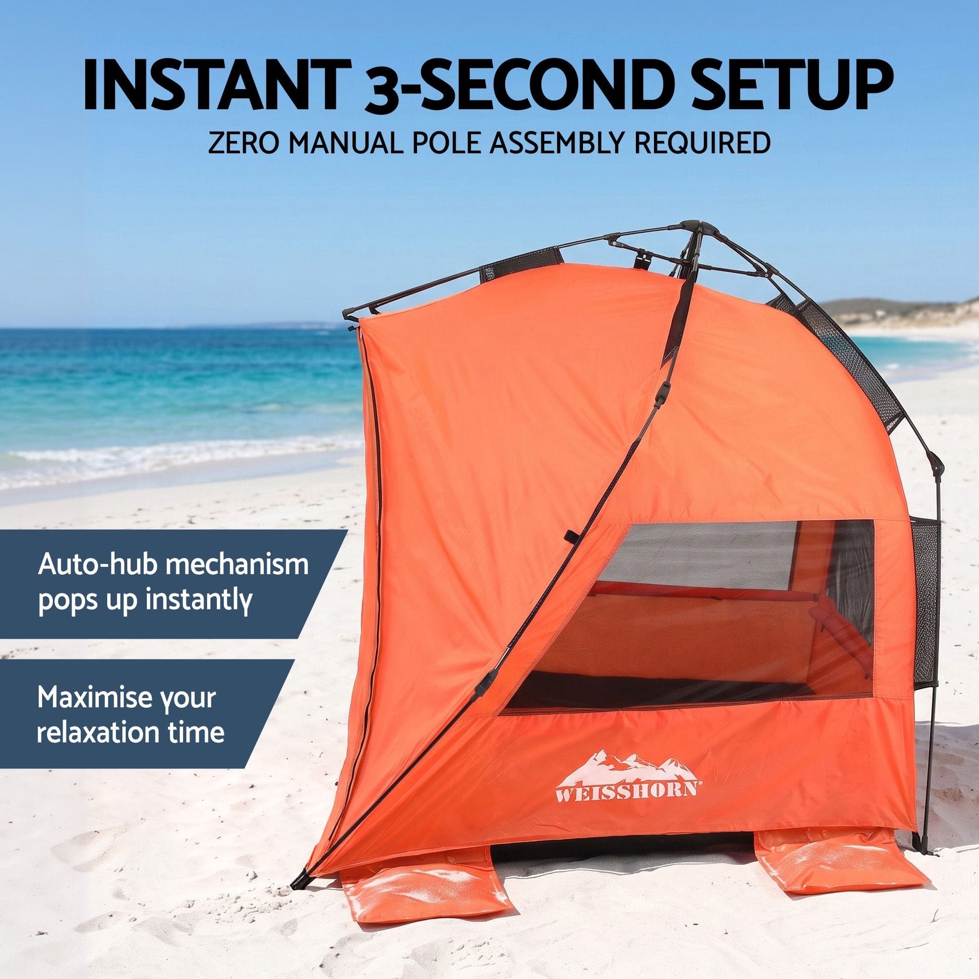 Alona.com.au Outdoor Recreation > Camping > Tents Weisshorn Beach Tent 3-4 Person Pop Up Sun Shade UPF 50 Automatic Outdoor Orange