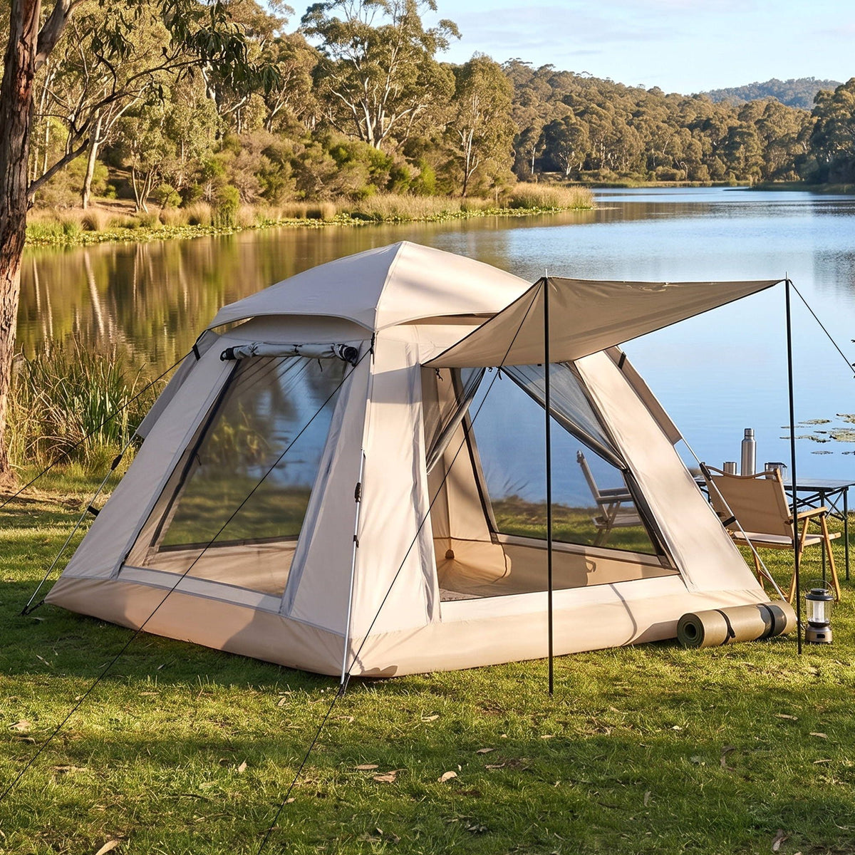 Alona.com.au Outdoor Recreation > Camping > Tents Weisshorn Camping Tent Family Shelter 210D Oxford Fabric Awning 210cm Khaki