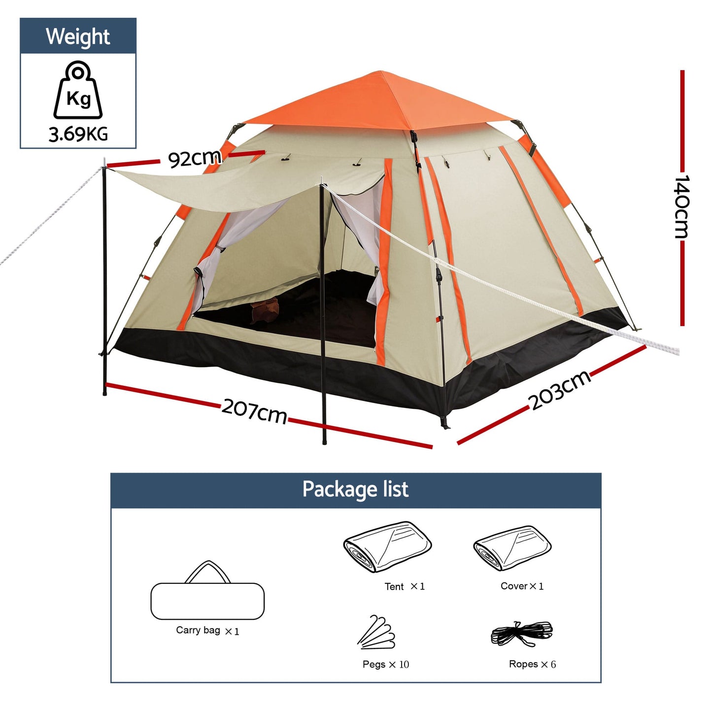 Alona.com.au Outdoor Recreation > Camping > Tents Weisshorn Pop Up Camping Tent 3-4 Person Automatic Tent Instant Setup Waterproof