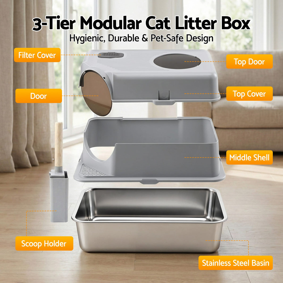 Alona.com.au Pet Care > Cat Supplies > Cat Litter i.Pet Cat Litter Box Large Stainless Steel High Sided Pet Toilet Odour Control