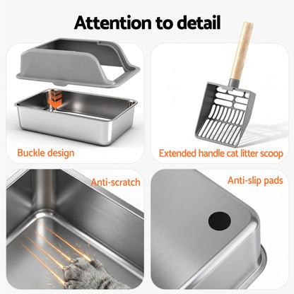 Alona.com.au Pet Care > Cat Supplies > Cat Litter i.Pet Cat Litter Box Stainless Steel Large Semi-Enclosed Pet Kitty Toilet Grey