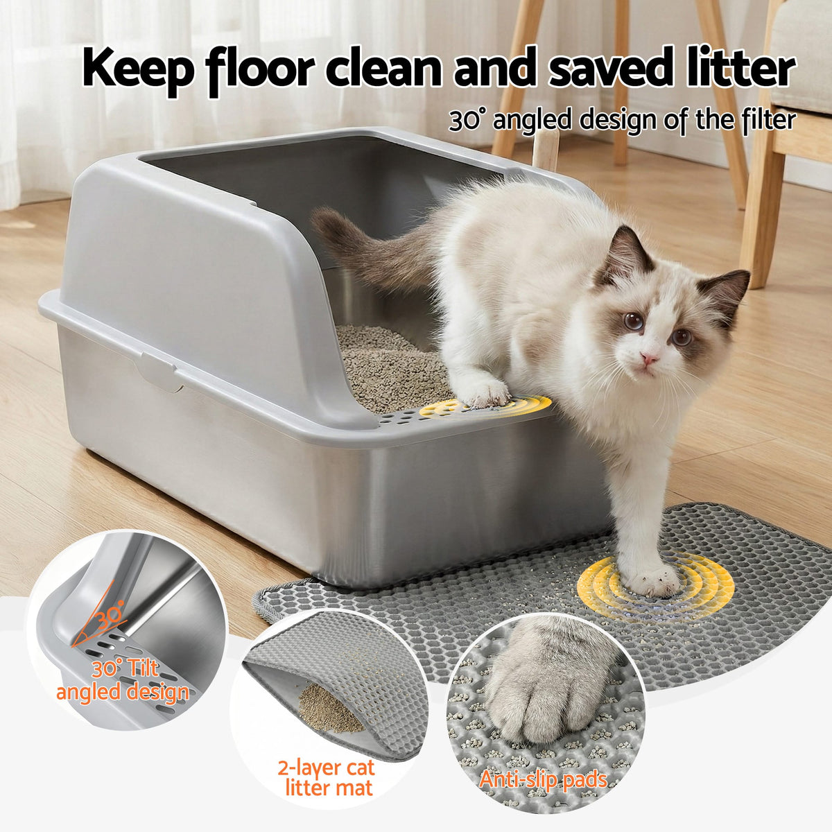 Alona.com.au Pet Care > Cat Supplies > Cat Litter i.Pet Cat Litter Box Stainless Steel Large Semi-Enclosed Pet Kitty Toilet Grey